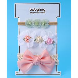 Babyhug Bow & Floral Applique Headband  Pack of 3 Print - White & Pink