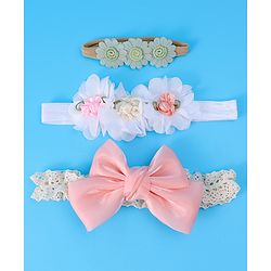 Babyhug Bow & Floral Applique Headband  Pack of 3 Print - White & Pink
