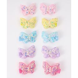 Babyhug Bow & Butterfly Clips with Sequins Pack of 10 - Yellow Pink and Lilac