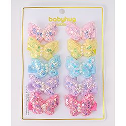 Babyhug Bow & Butterfly Clips with Sequins Pack of 10 - Yellow Pink and Lilac