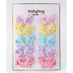 Babyhug Bow & Butterfly Clips with Sequins Pack of 10 - Yellow Pink and Lilac