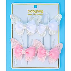 Babyhug Bow and Butterfly Clips Set of 4 - White & Pink