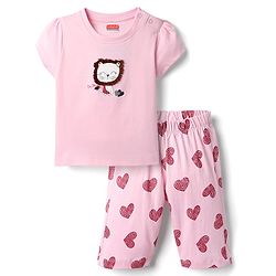 Babyhug Cotton Knit Half Sleeves Capri Night Suit With Heart Print - Pink