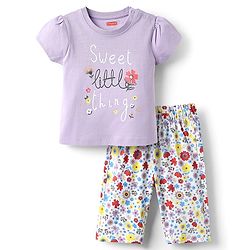 Babyhug Cotton Knit Half Sleeves Capri Night Suit With Floral Print - Lavender