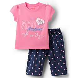 Babyhug Cotton Knit Half Sleeves Capri Set With Polka Dots & Floral Print - Pink & Navy Blue