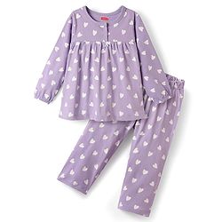 Babyhug Cotton Knit Full Sleeves Co-ords Night Suit With Heart Print - Purple