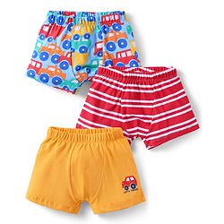 Babyhug 100% Cotton Antibacterial Above Knee Length Trunk With Stripes & Vehicle Print Pack of 3 - Red Yellow & Blue