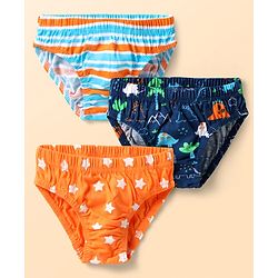 Babyhug 100% Cotton Single Jersey Knit Antibacterial Briefs With Star Stripes & Dino Print Pack Of 3 - Orange Navy Blue & Light Blue
