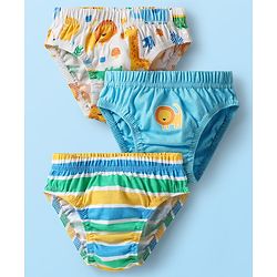 Babyhug 100% Cotton Antibacterial Briefs With Stripes & Animal Print Pack Of 3 - Light Blue White & Yellow