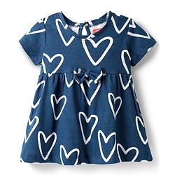 Babyhug Single Jersey Knit Half Sleeves Frock With Bow Applique - Navy Blue