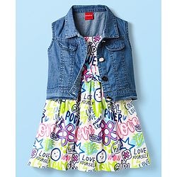 Babyhug Cotton Knit Sleeveless Printed Frock With Shrug - White & Blue
