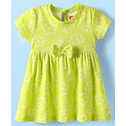 Babyhug Single Jersey Knit Half Sleeves Frock With Floral Print & Bow Applique - Limegreen