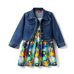 Babyhug 100% Cotton Knit Frock & Full Sleeves Jacket With Floral Print - Blue
