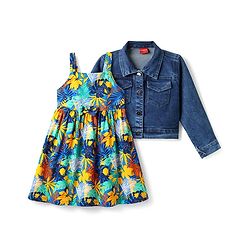 Babyhug 100% Cotton Knit Frock & Full Sleeves Jacket With Floral Print - Blue