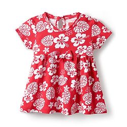 Babyhug Single Jersey Knit Half Sleeves Frock With Floral Print - Red