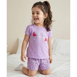 Babyhug 100% Cotton Knit Half Sleeves T-Shirt & Short With Dino Print - Lavender