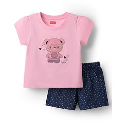 Babyhug Cotton Knit Half Sleeves Shorts Night Suit With Bear Print - Pink & Navy Blue
