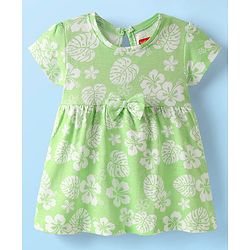 Babyhug Single Jersey Knit Half Sleeves Frock With Floral Print & Bow Applique - Light Green