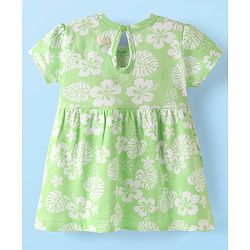 Babyhug Single Jersey Knit Half Sleeves Frock With Floral Print & Bow Applique - Light Green