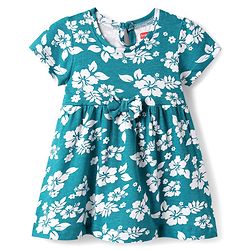 Babyhug 100% Cotton Single Jersey Knit Half Sleeves Frock with Floral Print & Bow Applique - Teal Blue