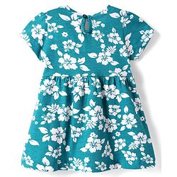 Babyhug 100% Cotton Single Jersey Knit Half Sleeves Frock with Floral Print & Bow Applique - Teal Blue
