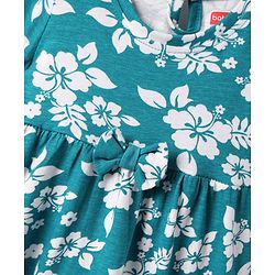 Babyhug 100% Cotton Single Jersey Knit Half Sleeves Frock with Floral Print & Bow Applique - Teal Blue