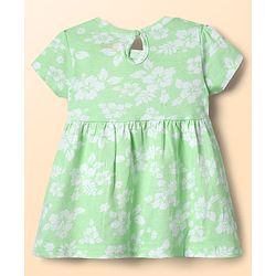 Babyhug Single Jersey Knit Half Sleeves Frock With Floral Print & Bow Applique - Sea Green