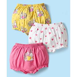 Babyhug 100% Cotton Antibacterial Bloomers With Hearts & Animal Print Pack Of 3 - Yellow White & Dark Pink