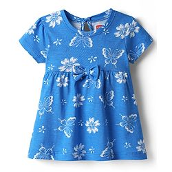 Babyhug 100% Cotton Single Jersey Knit Half Sleeves Frock With Floral Print & Bow Applique - Blue