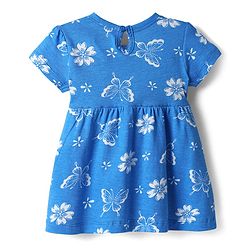 Babyhug 100% Cotton Single Jersey Knit Half Sleeves Frock With Floral Print & Bow Applique - Blue