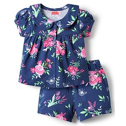 Babyhug Cotton Knit Half Sleeves Peter Pan Collared Night Suit With Floral Print - Navy