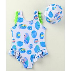 Babyhug Sleeveless V Cut Swimsuit With Abstract Print & Cap - White