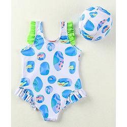 Babyhug Sleeveless V Cut Swimsuit With Abstract Print & Cap - White
