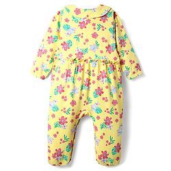Babyhug Cotton Knit Full Sleeves Footed Sleep Suit With Floral Print & Bow Applique - Yellow