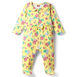 Babyhug Cotton Knit Full Sleeves Footed Sleep Suit With Floral Print & Bow Applique - Yellow