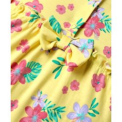 Babyhug Cotton Knit Full Sleeves Footed Sleep Suit With Floral Print & Bow Applique - Yellow