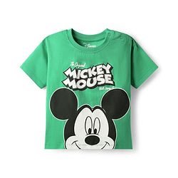 Babyhug Disney Single Jersey Knit Half Drop Shoulder Sleeves T-Shirt & Denim Shorts Set with Mickey Mouse Graphics - Mint & Blue