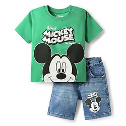 Babyhug Disney Single Jersey Knit Half Drop Shoulder Sleeves T-Shirt & Denim Shorts Set with Mickey Mouse Graphics - Mint & Blue