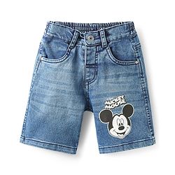 Babyhug Disney Single Jersey Knit Half Drop Shoulder Sleeves T-Shirt & Denim Shorts Set with Mickey Mouse Graphics - Mint & Blue