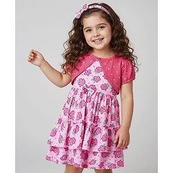 Babyhug Single Jersey Knit Frock & Half Sleeves Shrug With Floral & Polka Dot Print & Headband - Pink