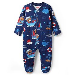 Babyhug Cotton Knit Full Sleeves Footed Sleep Suit With Nautical Theme Print Pack Of 2 - Red & Navy Blue