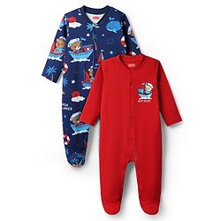 Babyhug Cotton Knit Full Sleeves Footed Sleep Suit With Nautical Theme Print Pack Of 2 - Red & Navy Blue