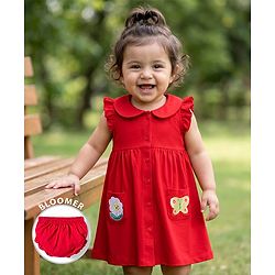 Babyhug Single Jersey Knit Frill Sleeves Frock with Bloomer & Patch Detailing - Red