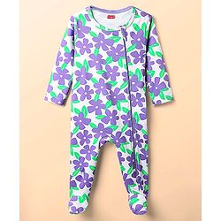 Babyhug Cotton Knit Full Sleeves Footed Sleep Suit With Floral Print - White