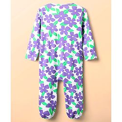 Babyhug Cotton Knit Full Sleeves Footed Sleep Suit With Floral Print - White