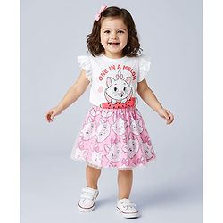 Babyhug Disney Single Jersey Knit Frill Sleeves Top & Skirt Set with Marie Graphics - White & Pink