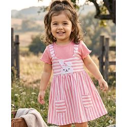 Babyhug Cotton Knit Frock with Full Sleeves Inner Tee Tropical Theme Print & Bunny Embroidery - Pink