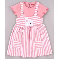 Babyhug Cotton Knit Frock with Full Sleeves Inner Tee Tropical Theme Print & Bunny Embroidery - Pink