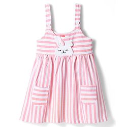 Babyhug Cotton Knit Frock with Full Sleeves Inner Tee Tropical Theme Print & Bunny Embroidery - Pink