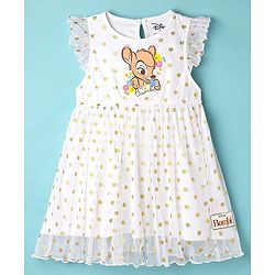 Babyhug Disney Single Jersey Knit Frill Sleeves Party Dress with Bambi Graphics & Foil Print - White